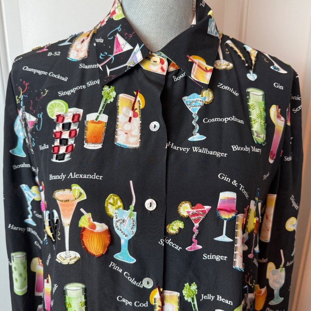 Nicole Taylor Silk Cocktail Print Beaded Button Down Shirt Black Medium Novelty
